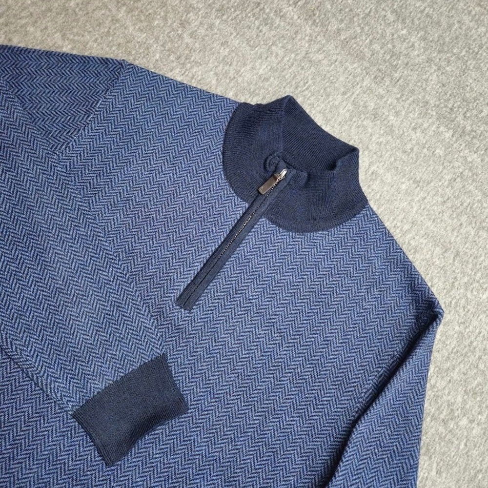 UNTUCKit Belguardo Sweater Mens Large Blue Herringbone Merino Wool Quarter Zip